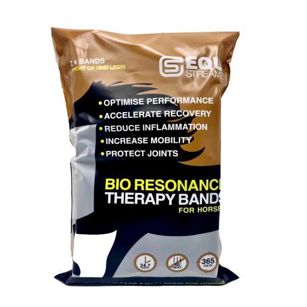 EQU Streamz fetlock bands image of pair of magnetic therapy bands for horses pain relief and recovery. In Starch biodegradable and compostable Packaging.