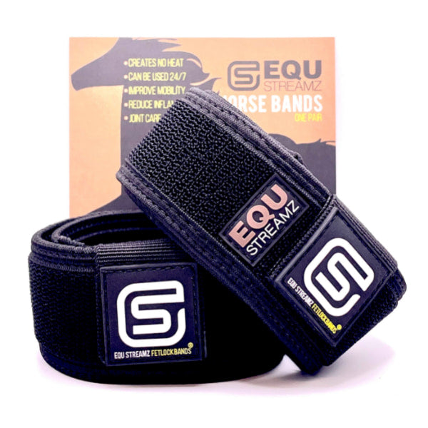 EQU Streamz fetlock bands image of pair of magnetic therapy bands for horses pain relief and recovery. Out now in USA and suitable for barrel racing showjumping eventing dressage rodeo and more. Image of two bands with canada flag